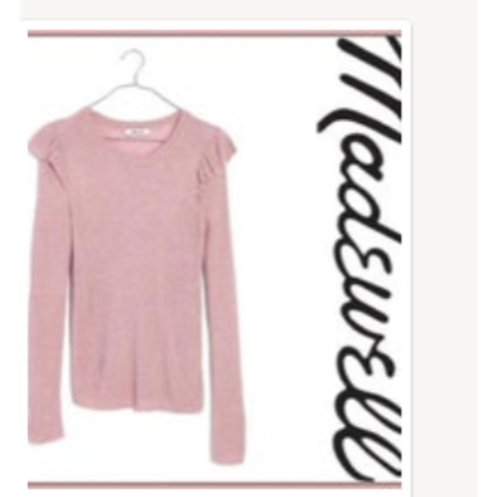 Madewell XL‎ Ruffle Sleeve Pullover Sweater Knit Heather Pink Ribbed Lightweight